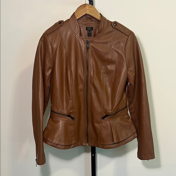 G.I.L.I. Jackets & Blazers - Brown Faux Leather Jacket with Peplum Waist, Women’s 8